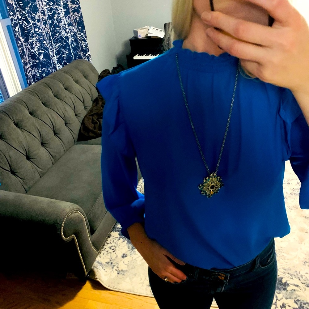 Loft turquoise mock neck blouse size M